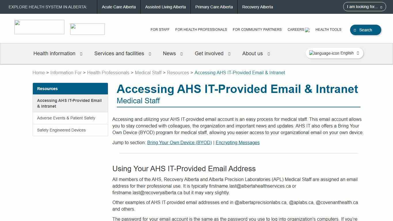 Accessing AHS IT-Provided Email & Intranet Alberta Health Services